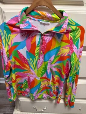 Mary Square Colorful Tropical Print Half-Zip Pullover XS